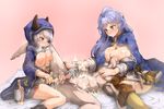  2girls anal_fingering asana_tsukune blue_hair blush breasts camieux cleavage clothed_female_nude_male commentary_request cum draph fingering granblue_fantasy hetero highres hood hoodie large_breasts long_hair multiple_girls nude penis prostate_milking silva_(granblue_fantasy) testicles 