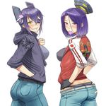  ass blush breasts casual clothes_writing condom condom_in_mouth denim eyepatch fig_sign gloves headgear highres jeans kantai_collection looking_back lowleg lowleg_pants mechanical_halo medium_breasts mob3 mouth_hold multiple_girls panties pants purple_eyes purple_hair short_hair tatsuta_(kantai_collection) tenryuu_(kantai_collection) underwear whale_tail 