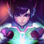  bodysuit brown_hair bunny cockpit d.va_(overwatch) facial_mark headgear ilya_kuvshinov lips overwatch smile solo whisker_markings 