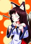  animal_ears blush breasts brooch brown_hair closed_eyes collarbone dress food food_in_mouth imaizumi_kagerou jewelry long_hair long_sleeves medium_breasts pocky pocky_day solo tail tail_wagging tetsuhige touhou wolf_ears wolf_tail 