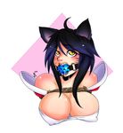  2015 ahri animal_humanoid bdsm big_breasts black_hair blush bondage bound breasts canine clothed clothing female fox fox_humanoid gag greenleona hair human humanoid league_of_legends long_hair mammal mouth_gag open_mouth saliva simple_background solo video_games yellow_eyes 