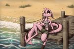  2015 anthro beach breasts canine clothed clothing dreamkeepers female fur hair half-closed_eyes long_tail mammal orange_eyes outside pier pink_fur pink_hair s-t-r-i-k-e-r seashell seaside shirt shorts sitting solo striped_tail tank_top viriathus water 