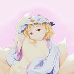  bad_id bad_pixiv_id blonde_hair brown_eyes fingernails fox_tail hat ichibu_jusho long_sleeves looking_at_viewer multiple_tails pillow_hat pink_background short_hair simple_background solo tail tail_hug touhou upper_body wide_sleeves yakumo_ran yellow_pupils 
