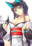 animal_ears aqua_eyes bare_shoulders black_hair breasts cleavage collarbone detached_sleeves fox_ears fox_tail japanese_clothes kagachi_saku katana kimono large_breasts long_hair looking_at_viewer obi original parted_lips sash simple_background smile snake solo sword tail upper_body weapon white_background white_snake 