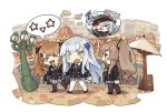  animal anthropomorphism bird brown_hair building cat_smile chibi city g11_(girls_frontline) girls_frontline gray_hair green_eyes hat hk416_(girls_frontline) itsuki_tasuku long_hair pantyhose scar seifuku skirt sleeping tattoo thighhighs twintails ump-45_(girls_frontline) ump-9_(girls_frontline) water 