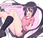  ass black_hair black_legwear blush brown_eyes commentary_request happy_birthday k-on! k10k kneehighs long_hair looking_at_viewer nakano_azusa open_mouth panties pleated_skirt shirt skirt smile solo striped striped_panties twintails underwear 