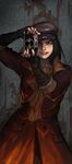  batman_(series) black_hair cabbie_hat camera coat fallout fallout_4 fingerless_gloves gloves hat highres holding holding_camera lips penett piper_wright scarf short_hair smile solo stain the_killing_joke wall 