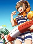  aqua_eyes aqua_hair beach bikini blush brown_hair clenched_hand day diving_mask diving_mask_on_head green_hair hair_ornament inflatable_armbands innertube kantai_collection kobamiso_(kobalt) kumano_(kantai_collection) laughing lifebuoy long_hair multiple_girls one-piece_swimsuit open_mouth outdoors ponytail red_bikini shirt sky smile striped striped_swimsuit suzuya_(kantai_collection) swimsuit water white_shirt 