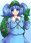  backpack bag blue_eyes blue_hair blush gloves green_gloves hair_bobbles hair_ornament hat kawashiro_nitori key looking_at_viewer mazume short_hair simple_background smile solo touhou twintails two_side_up wrench 
