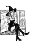  boots bottle breasts cleavage counter crossed_legs deneb_rove dress elbow_gloves full_body gloves hands_on_lap hat high_heel_boots high_heels kikiki long_hair lowres medium_breasts microdress monochrome shelf shop simple_background sitting sketch solo strapless strapless_dress tactics_ogre thigh_boots thighhighs very_long_hair white_background witch witch_hat zettai_ryouiki 