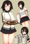  1girl ^_^ black_hair black_skirt blush breasts brown_hair closed_eyes food fuuki_(te_fuukin) gym_shirt hayasui_(kantai_collection) highres jacket kantai_collection loafers long_sleeves medium_breasts miniskirt omurice open_mouth pleated_skirt shirt shoes short_hair silver_eyes skirt smile solo track_jacket turtleneck zipper 