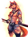  anthro blue_eyes brown_fur canine cheetahpaws clothed clothing ear_piercing fangs fur gloves looking_at_viewer male mammal melee_weapon multicolored_fur nipples object_in_mouth pants piercing simple_background solo straw sword tan_fur toned two_tone_fur warm_colors weapon white_background wolf 