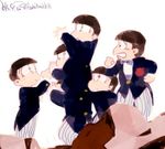  alternate_costume artist_name black_hair bow bowl_cut bowtie carrying child dated hand_on_hip human_tower male_focus matching_outfit matsuno_choromatsu matsuno_ichimatsu matsuno_juushimatsu matsuno_karamatsu matsuno_osomatsu matsuno_todomatsu mituna_(mituna2525) multiple_boys oldschool osomatsu-kun sextuplet_(osomatsu-kun) sextuplets shoulder_carry signature simple_background stacking tuxedo white_background 