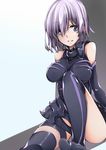  asymmetrical_legwear baron_suzuki breasts detached_sleeves fate/grand_order fate_(series) hair_between_eyes highres impossible_clothes impossible_shirt large_breasts looking_at_viewer mash_kyrielight over-kneehighs purple_eyes purple_hair shirt short_hair sitting sleeveless solo thigh_strap thighhighs 