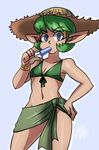  bad_id bad_tumblr_id bigdead93 bikini_top blue_eyes breasts cowboy_shot food green_hair hand_on_hip hat highres looking_at_viewer navel no_panties pointy_ears popsicle saria sarong short_hair small_breasts solo straw_hat tan the_legend_of_zelda the_legend_of_zelda:_ocarina_of_time 