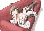  bare_shoulders boots breasts brown_hair cleavage couch double_bun hair_ornament hairband headgear japanese_clothes kantai_collection kongou_(kantai_collection) long_hair looking_at_viewer lying medium_breasts nontraditional_miko on_stomach remodel_(kantai_collection) skirt smile solo thigh_boots thighhighs vent_arbre zettai_ryouiki 
