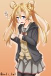  abukuma_(kantai_collection) anti_(untea9) bangs blonde_hair blue_eyes commentary cowboy_shot double_bun fingers_together highres hood hoodie kantai_collection long_hair long_sleeves open_clothes orange_background pantyhose pleated_skirt red_ribbon remodel_(kantai_collection) ribbon sailor_collar school_uniform simple_background skirt solo squiggle standing sulking tears twintails twitter_username 