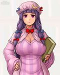  blue_bow book bow breasts capelet cleavage crescent dress erkaz frown hair_ornament hand_on_hip hat hat_ribbon highres large_breasts long_hair looking_at_viewer mob_cap patchouli_knowledge purple_dress purple_eyes purple_hair red_bow ribbon solo striped touhou upper_body vertical-striped_dress vertical_stripes wide_hips 