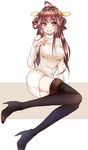  ahoge bad_id bad_pixiv_id bare_shoulders black_footwear black_legwear blush boots brown_eyes brown_hair double_bun finger_to_mouth grin headgear high_heel_boots high_heels kantai_collection kongou_(kantai_collection) long_hair looking_to_the_side mallizmora no_pants parted_lips simple_background sitting smile solo sweater teeth thigh_boots thighhighs very_long_hair white_background zettai_ryouiki 