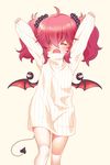  ahoge arms_up bad_id bad_tumblr_id closed_eyes demon_girl demon_tail demon_wings fang hizuki_akira open_mouth original red_hair ribbed_legwear ribbed_sweater simple_background solo sweater tail thighhighs twintails white_legwear wings 