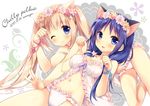  :d ;) animal_ears artist_name babydoll blue_eyes blue_hair blush brown_hair cat_ears circle_name cursive dated flower hair_flower hair_ornament head_wreath long_hair multiple_girls navel one_eye_closed open_mouth original panties paw_pose smile suimya twintails underwear 