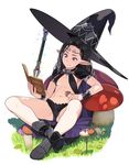  :t black_hair book boots bracer cape eating go_robots groin_tendon hat highres midriff mushroom navel original pauldrons pointy_ears red_eyes revealing_clothes sitting solo staff witch_hat 