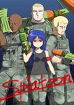  3boys aizawa_chizuru bandana blue_hair camouflage copyright_name gloves gun highres long_hair looking_at_viewer military military_uniform multiple_boys nanchang paint_roller rifle shinryaku!_ikamusume soldier splat_charger_(splatoon) splat_roller_(splatoon) splatoon_(series) splatoon_1 splattershot_(splatoon) splattershot_jr_(splatoon) super_soaker uniform water_gun weapon 