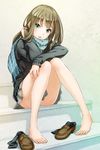  bare_legs barefoot brown_hair feet fukukitaru green_eyes highres idolmaster idolmaster_cinderella_girls legs loafers long_hair necktie pleated_skirt scarf school_uniform shibuya_rin shoes shoes_removed sitting sitting_on_stairs skirt socks_removed solo stairs sweater toes 