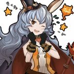  ;d animal_ears bare_shoulders black_gloves blue_hair brown_eyes bunny_ears cat_ears erune ferry_(granblue_fantasy) gloves granblue_fantasy halloween halloween_costume hat long_hair lowres mini_hat mini_top_hat o_(rakkasei) one_eye_closed open_mouth simple_background sketch smile solo star strapless top_hat white_background 