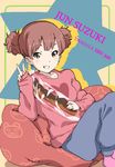  bad_id bad_pixiv_id bean_bag_chair bread brown_eyes brown_hair food grin k-on! kanau short_hair smile solo suzuki_jun sweater twintails v 