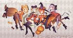  4girls :d animal_ears ass bare_shoulders black_gloves black_legwear blonde_hair blue_eyes bow braid candy choker cross demon_tail detached_sleeves fox_ears fox_tail gloves hairband halloween hat high_heels jack-o&#039;-lantern jack-o'-lantern jewelry lollipop long_hair looking_at_viewer multiple_girls multiple_tails necklace open_mouth orange_hair original pantyhose purple_hair purple_legwear red_eyes sabakamen sengoku_bushouki_muramasa silver_hair single_braid smile tail tail_bow thighhighs very_long_hair witch_hat 