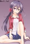  akebono_(kantai_collection) anti_(untea9) bangs barefoot blue_shorts casual commentary flower gym_shirt gym_shorts hair_flower hair_ornament highres jacket kantai_collection long_hair open_clothes open_jacket open_mouth purple_background purple_eyes purple_hair red_jacket shirt shorts side_ponytail simple_background sitting sleeves_pushed_up solo track_jacket twitter_username white_shirt 