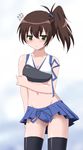  adapted_costume blush breasts brown_hair cleavage commentary_request flying_sweatdrops hayashiya_zankurou highres kaga_(kantai_collection) kantai_collection long_hair muneate navel revealing_clothes side_ponytail small_breasts solo thighhighs 