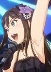  :d arm_up armpits bare_shoulders black_gloves black_gothic_dress_(idolmaster) flower fugakuhyakkei gloves green_eyes hair_flower hair_ornament idolmaster idolmaster_cinderella_girls long_hair microphone open_mouth shaved_armpits shibuya_rin smile solo sweat 