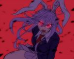  animal_ears bunny_ears crescent crescent_moon_pin glowing glowing_eyes jacket long_hair long_sleeves looking_at_viewer miata_(miata8674) necktie open_mouth purple_hair red_background red_eyes reisen_udongein_inaba shirt simple_background skirt solo touhou vest 