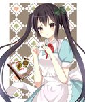  alice_in_wonderland apron black_hair book brown_eyes card cup highres k-on! long_hair nakano_azusa playing_card ryoutan solo teacup twintails 