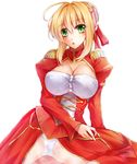  :o ahoge blonde_hair breasts cleavage fate/extra fate_(series) green_eyes hair_ribbon large_breasts nero_claudius_(fate) nero_claudius_(fate)_(all) panties ribbon ryuushou short_hair simple_background solo underwear white_background white_panties 