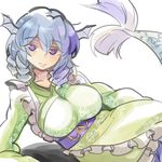  akuma blue_eyes blue_hair breasts collarbone floral_print hair_between_eyes head_fins impossible_clothes japanese_clothes kimono large_breasts long_sleeves looking_at_viewer lying mermaid monster_girl on_side sash short_hair solo touhou wakasagihime wide_sleeves 