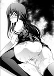  after_sex akino_hamo ass blush breasts commentary_request cum cum_in_pussy cum_on_ass greyscale kagari_ayaka large_breasts long_hair looking_at_viewer looking_back monochrome nipples no_panties school_uniform skirt solo sweat thighhighs witch_craft_works 