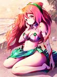  adapted_costume bikini blue_eyes blush breasts cleavage commentary_request hacka_doll hacka_doll_2 hand_on_own_cheek highres large_breasts long_hair looking_at_viewer mayonaka_taruho navel pink_eyes pink_hair sarong sitting smile solo swimsuit wariza 