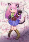  ;3 animal_ears aoki_(fumomo) arm_up bad_id bad_twitter_id blue_eyes boots bow cat_ears cat_tail commentary_request gloves hashimoto_nyaa knee_boots multicolored_hair one_eye_closed osomatsu-san paw_gloves paws pigeon-toed pink_hair school_uniform solo streaked_hair tail 