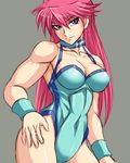  abs blue_leotard breasts cleavage commentary_request covered_navel large_breasts leotard long_hair mighty_yukiko pink_hair purple_eyes sketch solo taroimo_(00120014) wrestle_angels wrestle_angels_survivor wrestling_outfit wristband 