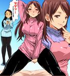  apron black_hair black_legwear brown_eyes brown_hair earrings jewelry long_hair looking_at_viewer mature md5_mismatch mother_and_daughter multiple_girls naughty_face original pantyhose ribbed_sweater ring shinken-zemi smile spread_legs sweater thick_thighs thighs translated wedding_band yuya zemi_mama 
