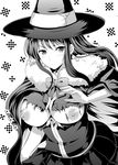  akino_hamo blush bow bowtie breasts cape commentary_request greyscale hat kagari_ayaka large_breasts long_hair looking_at_viewer monochrome nipples school_uniform skirt solo torn_clothes witch_craft_works witch_hat 