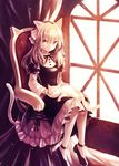  animal animal_ears animal_on_lap armchair blonde_hair cat_ears cat_on_lap cat_tail chair curtains dress expressionless frilled_dress frills highres kazi light light_particles long_hair long_sleeves looking_at_viewer original sitting sleeping solo sunlight tail window yellow_eyes 