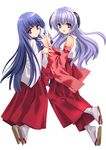  bad_id bad_pixiv_id blue_hair furude_rika hakama hanyuu higurashi_no_naku_koro_ni hime_cut horns houjou_yutori japanese_clothes kakera long_hair looking_at_viewer lowres miko multiple_girls official_art open_mouth purple_eyes purple_hair red_hakama smile socks 