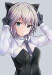  :o anastasia_(idolmaster) animal_ears black_gloves blue_eyes cat_ears color_connection cosplay gloves idolmaster idolmaster_cinderella_girls long_sleeves looking_at_viewer nannacy7 necktie sanya_v_litvyak sanya_v_litvyak_(cosplay) short_hair silver_hair solo strike_witches trait_connection world_witches_series 