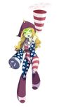  :o absurdres america arm_up armpits bare_shoulders blonde_hair breasts clownpiece facial_mark flandre495 forehead_jewel forehead_mark frills full_body fusion green_eyes green_skin hat highres long_hair looking_up open_mouth peridot_(steven_universe) small_breasts solo star star_print steven_universe striped touhou transparent_background tricorne unitard wavy_hair 
