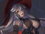  bare_shoulders breasts brown_eyes granblue_fantasy hat large_breasts magisa_(granblue_fantasy) silver_hair simosi solo witch_hat work_in_progress 