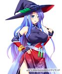  black_gloves blue_eyes breasts daibouken!_yukeyuke_osawari_island fingerless_gloves gloves hand_on_hip hat hat_leaf large_breasts open_mouth pointer purple_hair re-so solo vial white_background witch_hat 